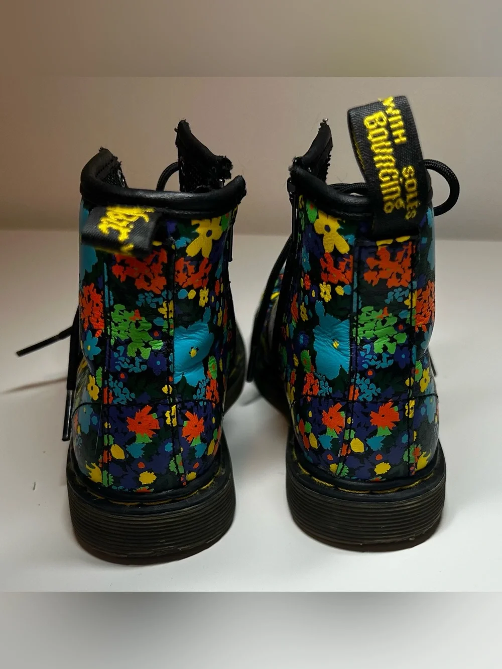 Dr. Martens Kids Floral Combat Boots - Black with Multi-Color Flowers